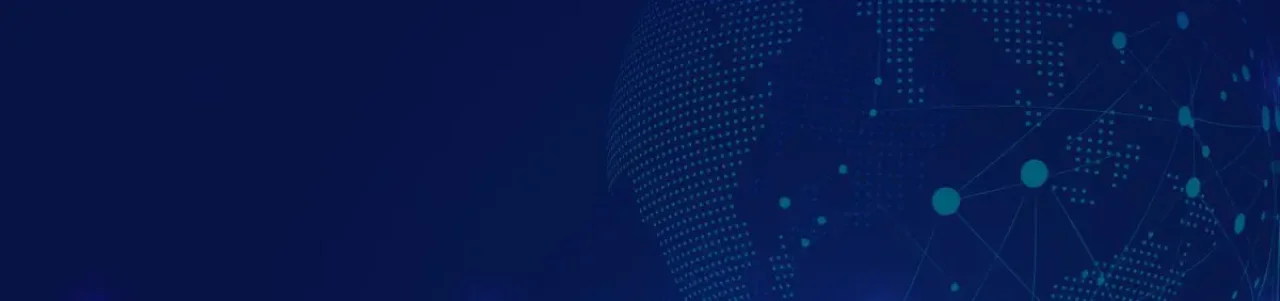 A blue globe, adorned with dotted lines and interconnected circles, casts a soft glow against a deep blue backdrop, symbolizing global connectivity.