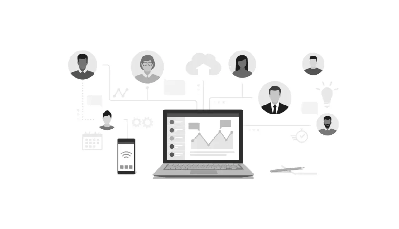 A black and white image showcases a laptop displaying a graph, a smartphone, and a pen, with a network of people connecting via lines and dots.