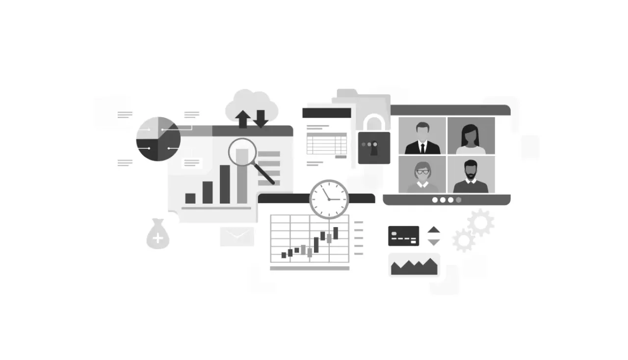 A black and white graphic design features a central clock, surrounded by business-related elements such as laptops, charts, graphs, and people working together.