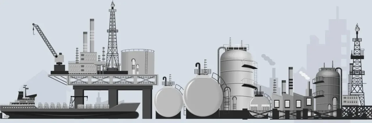 Illustration of an Oil Tanker, Oil Platform and Petrochemical containers